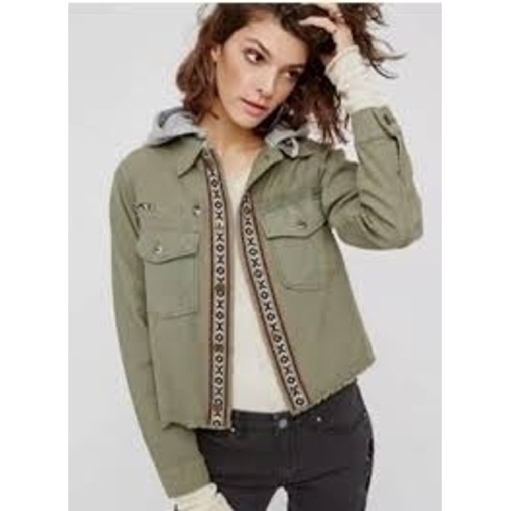 Weekend Wanderer FreePeople Utility Military Hoodie Boho Tribal Trim S